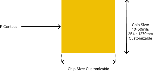 Bottom-view die outline showing full-area P contact and customizable chip size